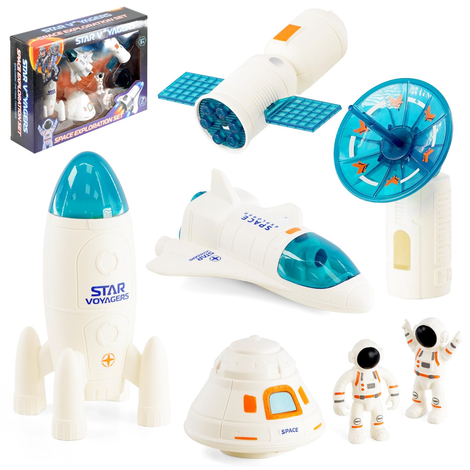 The Magic Toy Shop Space Exploration Set 7 Pcs Including 2 Astronaut, Toy Rocket, Space Shuttle - Kids Space Toys with Spaceship, Space Rocket Toys for Children, Space Gifts for Kids