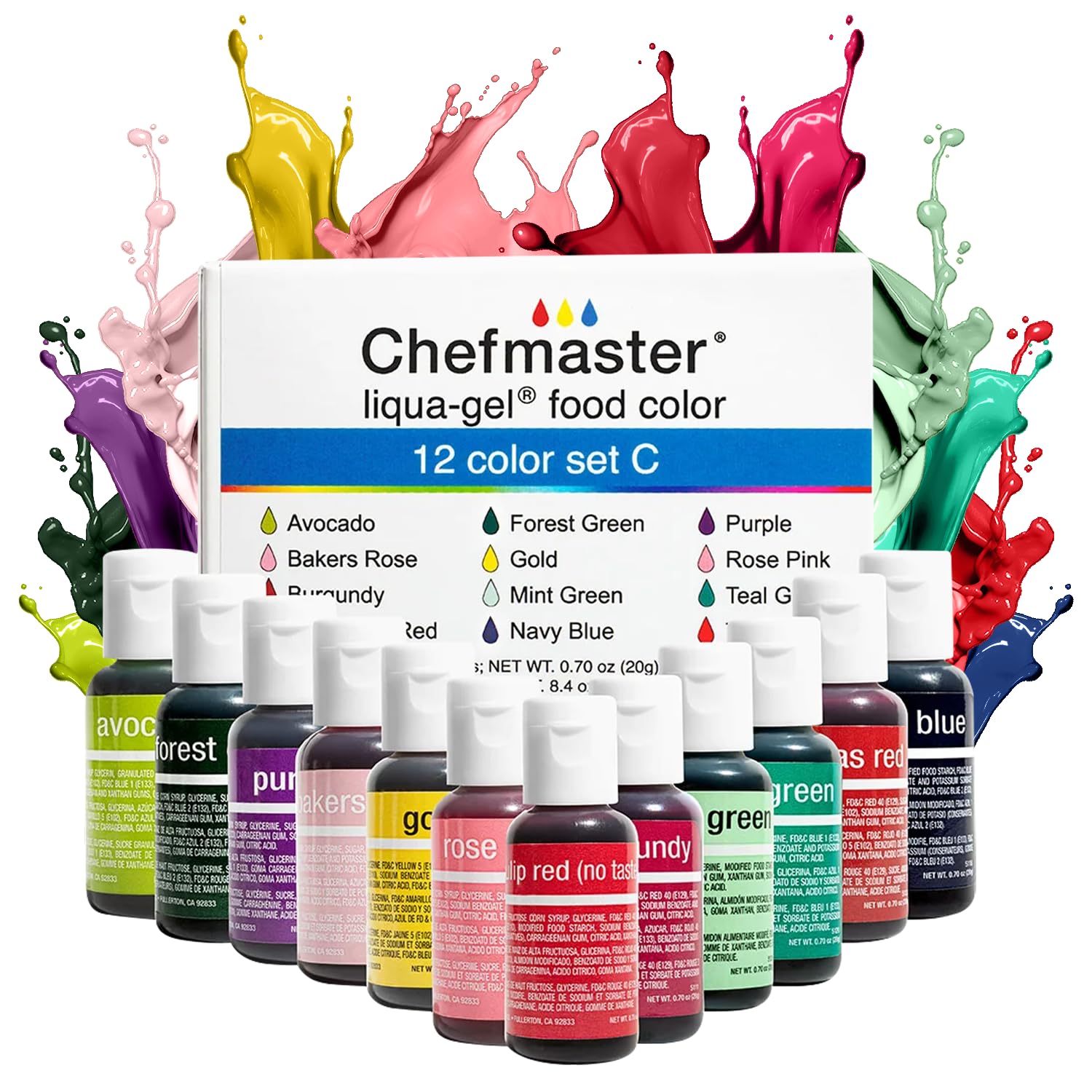 ChefmasterLiqua-Gel Food Coloring - 12 Color Set C - Fade Resistant - 12 Pack - Vibrant, Eye-Catching Colors, Easy-To-Blend Formula - Made in the USA