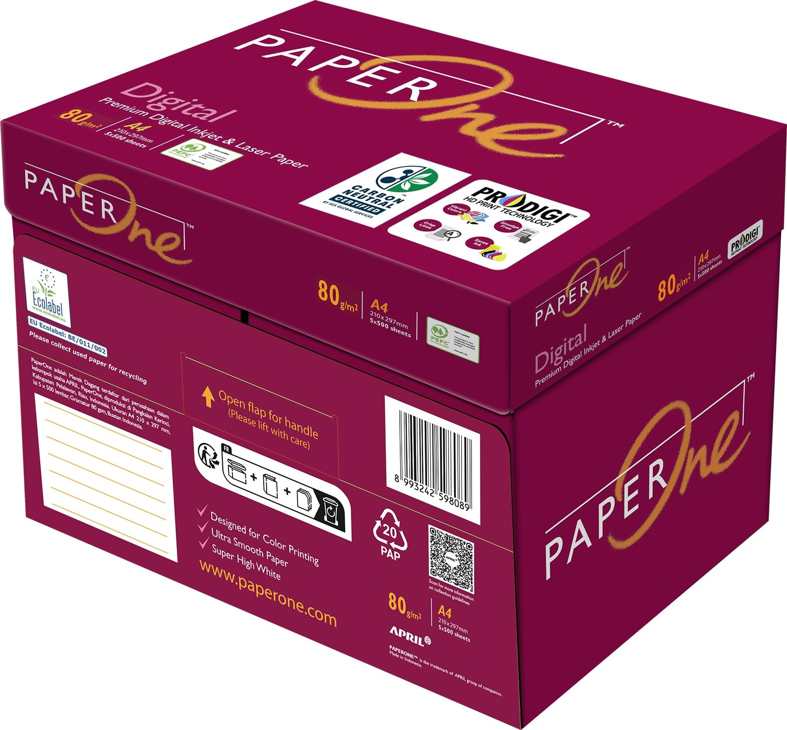 PaperOne™ Digital Carbon Neutral Premium Copy Paper, 80 GSM, A4 Size, 5 reams per Carton Box