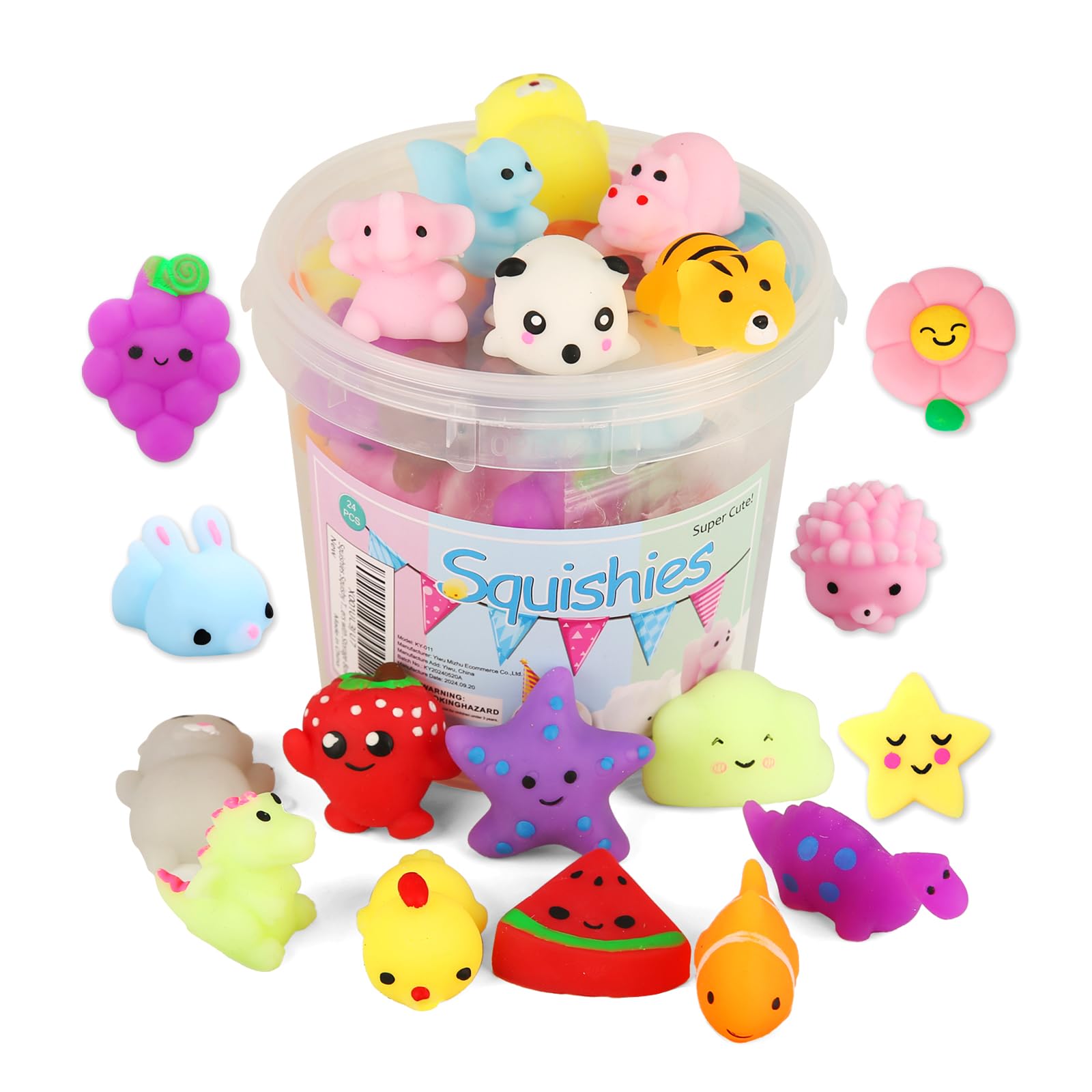 KINGYAO Squishies Squishy Toy 24pcs Party Favors for Kids Mochi Squishy Toy moji Kids Mini Kawaii squishies Mochi Stress Reliever Anxiety Toys Easter Basket Stuffers fillers with Storage Box