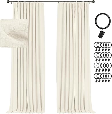 INOVADAY 100% Blackout Curtains for Bedroom, Black Out Curtains Clip Rings/Rod Pocket Linen Blackout Drapes 2 Panels Set, Thermal Insulated Drapes for Living Room, Lightcream, W50 x L84