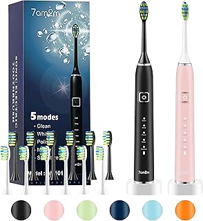 7AM2M Electric Toothbrush 2 Pack Set for Kids and Adults, 12 Brush Heads,5 Adjustable Modes, Built-in 2-Minute Smart Time...