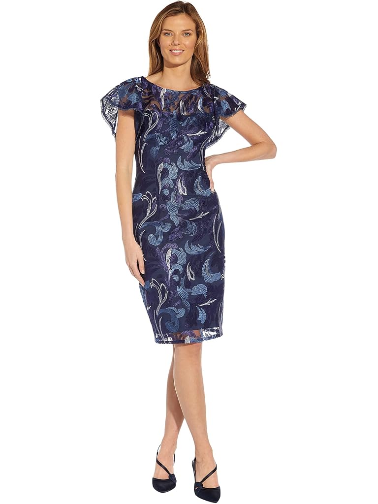 Adrianna Papell Embroidered Sheath Dress with Flutter Sleeve Detail