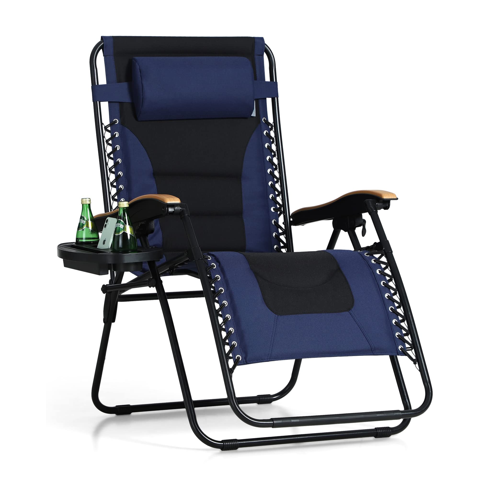 PHI VILLA XXL Oversized Padded Zero Gravity Chair, Foldable Patio Recliner, 30" Wide Seat Anti Gravity Lounger with Cup Holder, Support 400 LBS (Navy Blue)