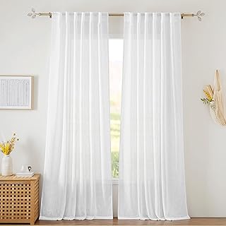 RYB HOME White Sheer Curtains for Bedroom, Semi Sheer Privacy Curtains & Drapes Linen Wave Texture Harsh Sunlight Filter f...