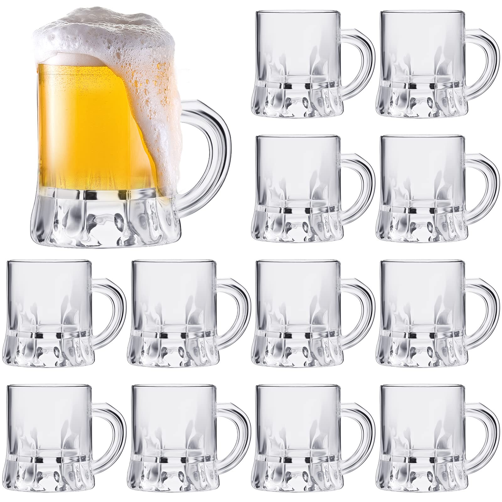 Beer Mug 1 oz Shot Glasses Mini Beer Glasses Clear Mugs Party Small Cups Tasting Glasses Whiskey Juice Cups for Drinking Birthday BBQ Beer Festival Bachelorette Party Supplies (Glass, 12 Pieces)