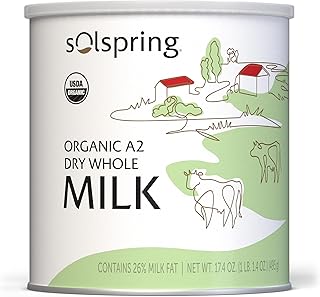 Solspring Organic A2 Dry Whole Milk, 15 Servings, 17.4 Oz. (495 g), Contains 26% Milk Fat, Gluten Free, Soy Free, Certifie...