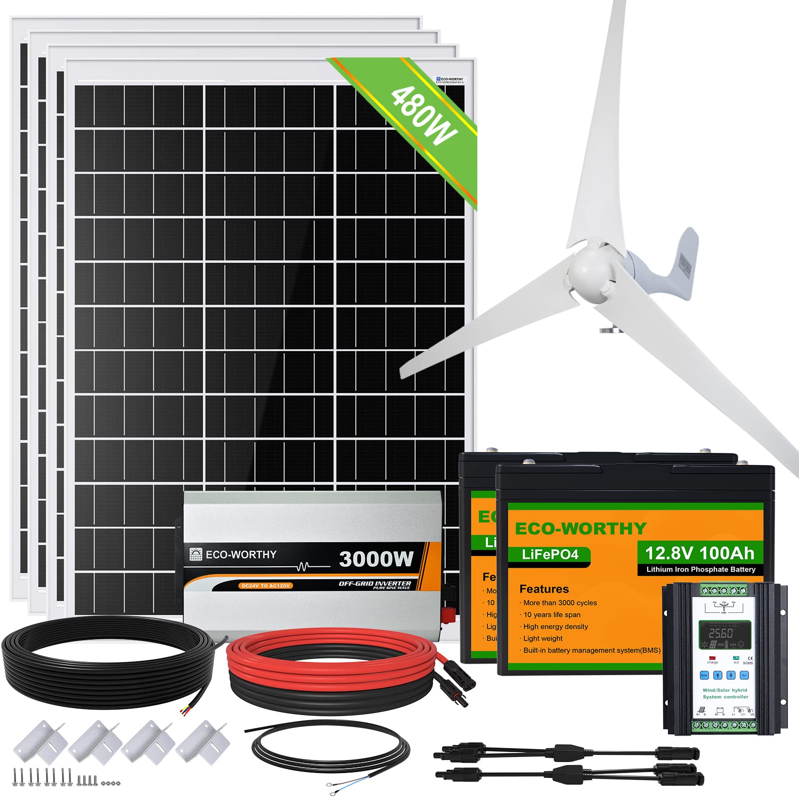 ECO-WORTHY 24V 880W Solar Wind Turbine Generator kit with Lithium Battery Inverter for Home:400W Wind Turbine Generator + 4 * 120W Mono Solar Panel + 2 * 100AH LiFepo4 Battery + 3000W 24V Inverter¡­