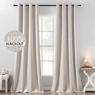 MIULEE 100% Blackout Linen Textured Curtains for Bedroom Solid Thermal Insulated Ivory Grommet Room Darkening Curtains & D...