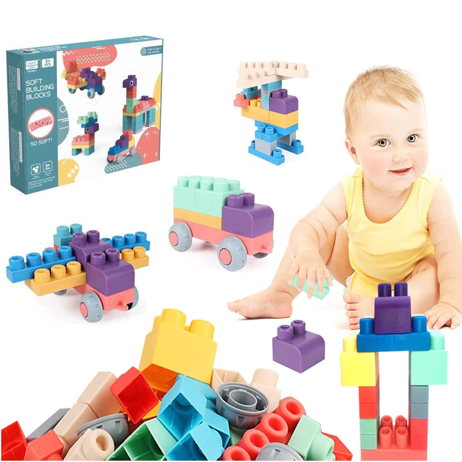 Beauenty Soft Rubber Building Block Early Educational Toy, Can Be Boiled And Bitten, and Build a Preschool Education Sensory Stacking Rock, Suitable for Baby 1-3 Years Old Blocks Toy (50PC)