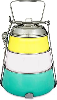 Elan 3 Tier Traditional Indian Lunch Box | Three Compartment Stainless Steel Tiffin Box for Office | Pyramid Shape Food Carrier for Men (Yellow-Ivory-Aqua, 3T)