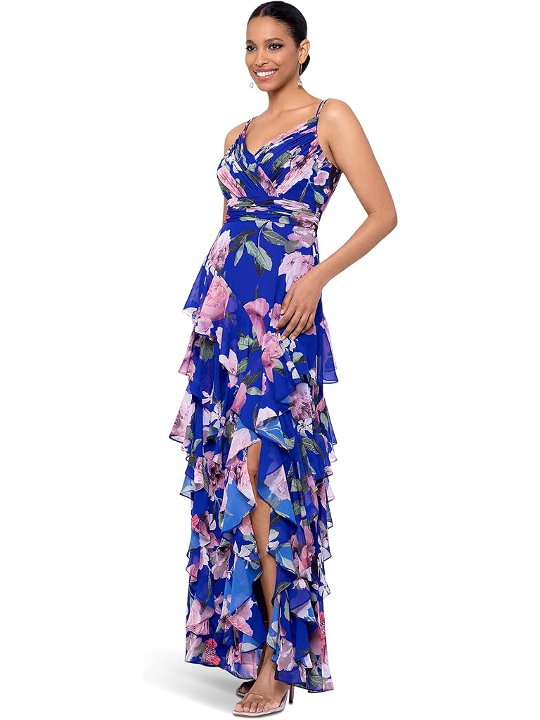 XSCAPE Long Floral Asymmetric Tier Dress