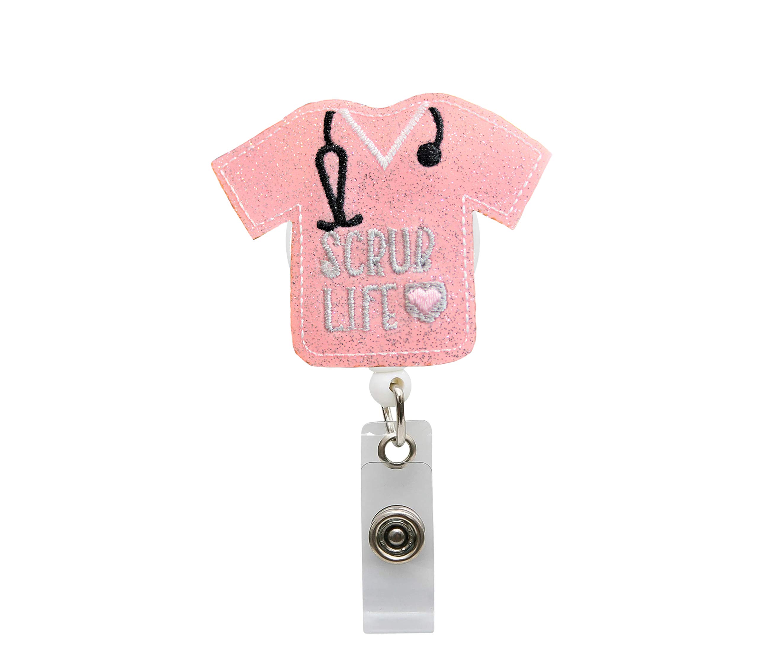 Skaworth Designs Pink Glitter Scrub Life ID Badge Reel - RN Retractable Holder with Alligator Clip for Hospitals Doctors and Office Staff