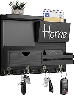 Farmhouse Key Holder for Wall with Mail Organizer - Easy Installation Wall Mount Organizer, Includes Chalkboard, Drawer, W...