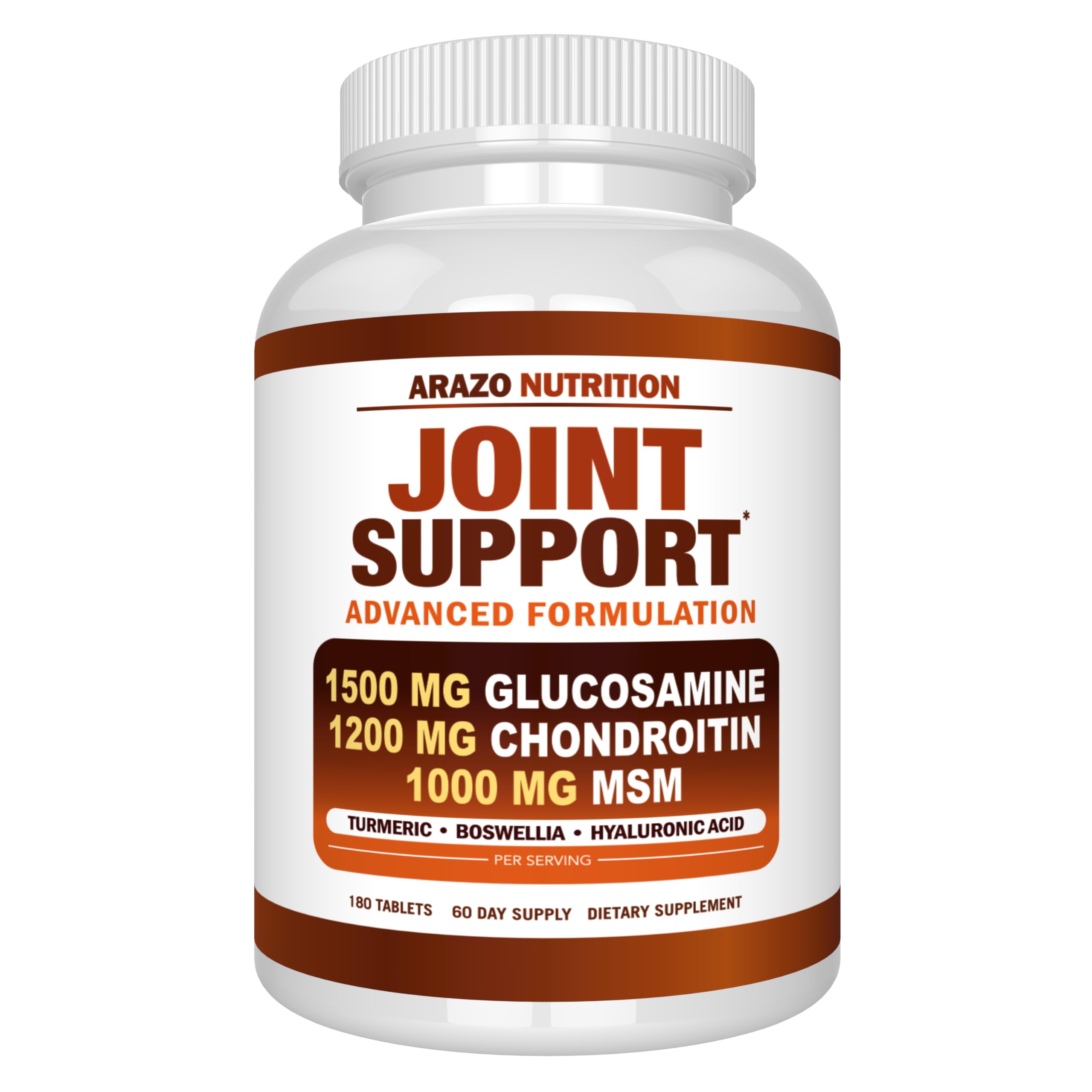 Arazo Nutrition Glucosamine Chondroitin Turmeric Msm Boswellia - Joint Support Supplement for Relief 180 Tablets for Bones, Back, Knees, Hands (180 Tablets)