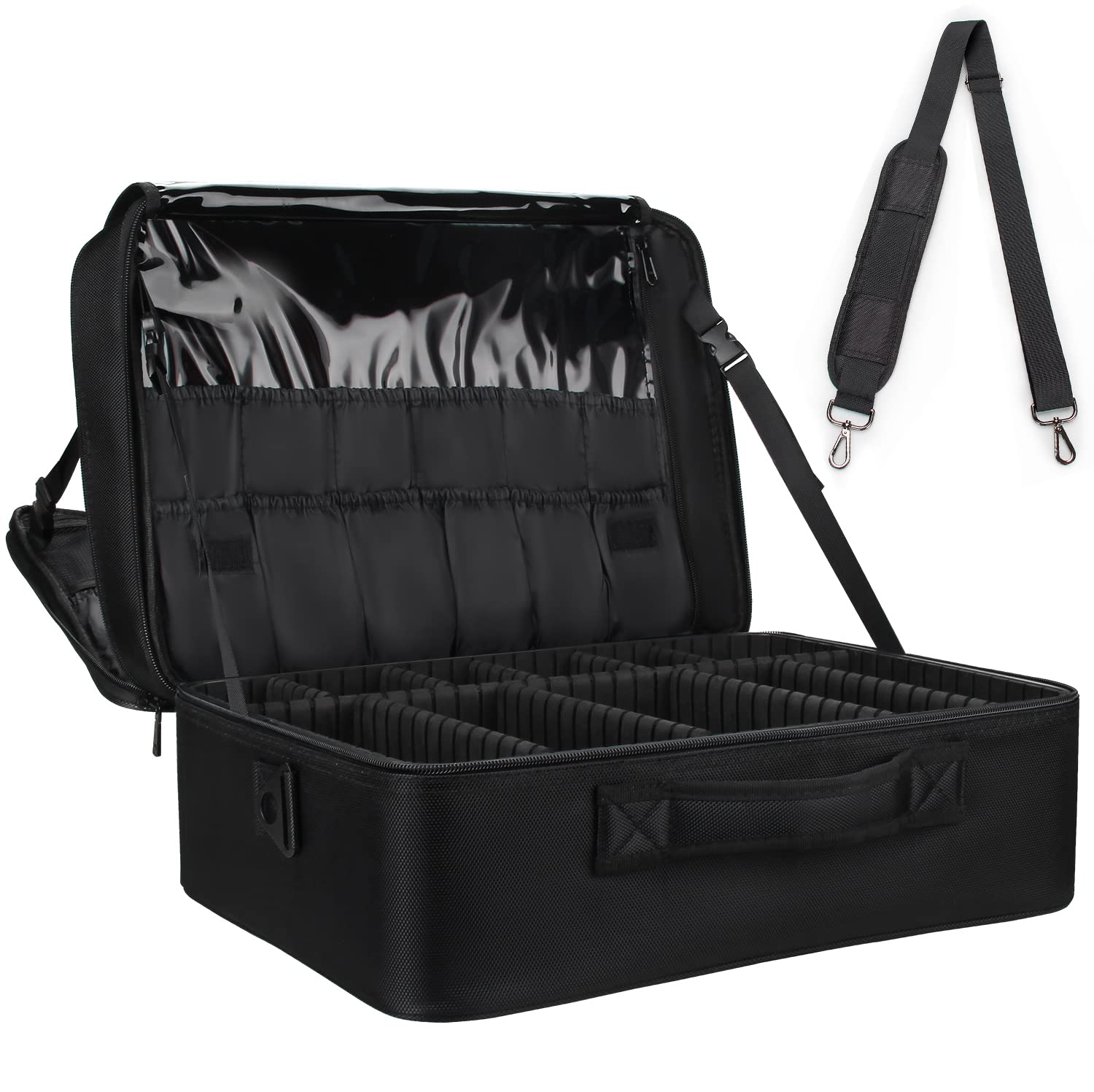 RelavelExtra Large Makeup Bag Travel Makeup Train Bag 17.7" Professional Makeup Artist Bag Portable Nail Organizer Box for Women and Girls Art Supply Bag with Adjustable Dividers Attaches to Trolley