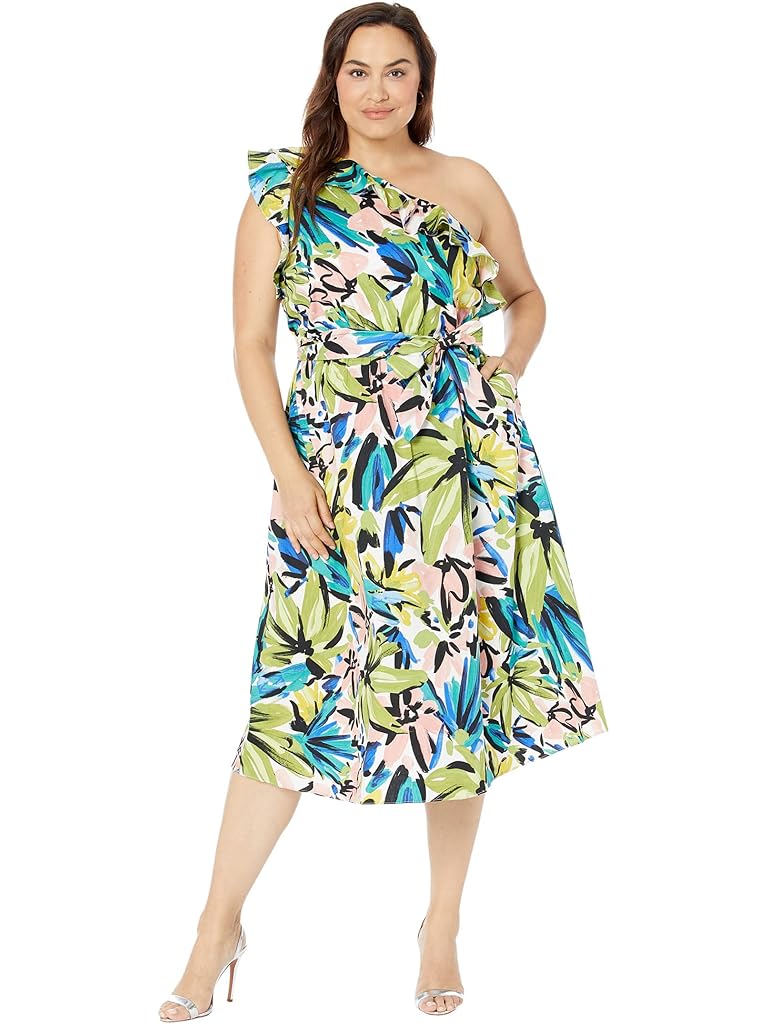 Donna Morgan Plus Size One Shoulder Midi with Ruffle