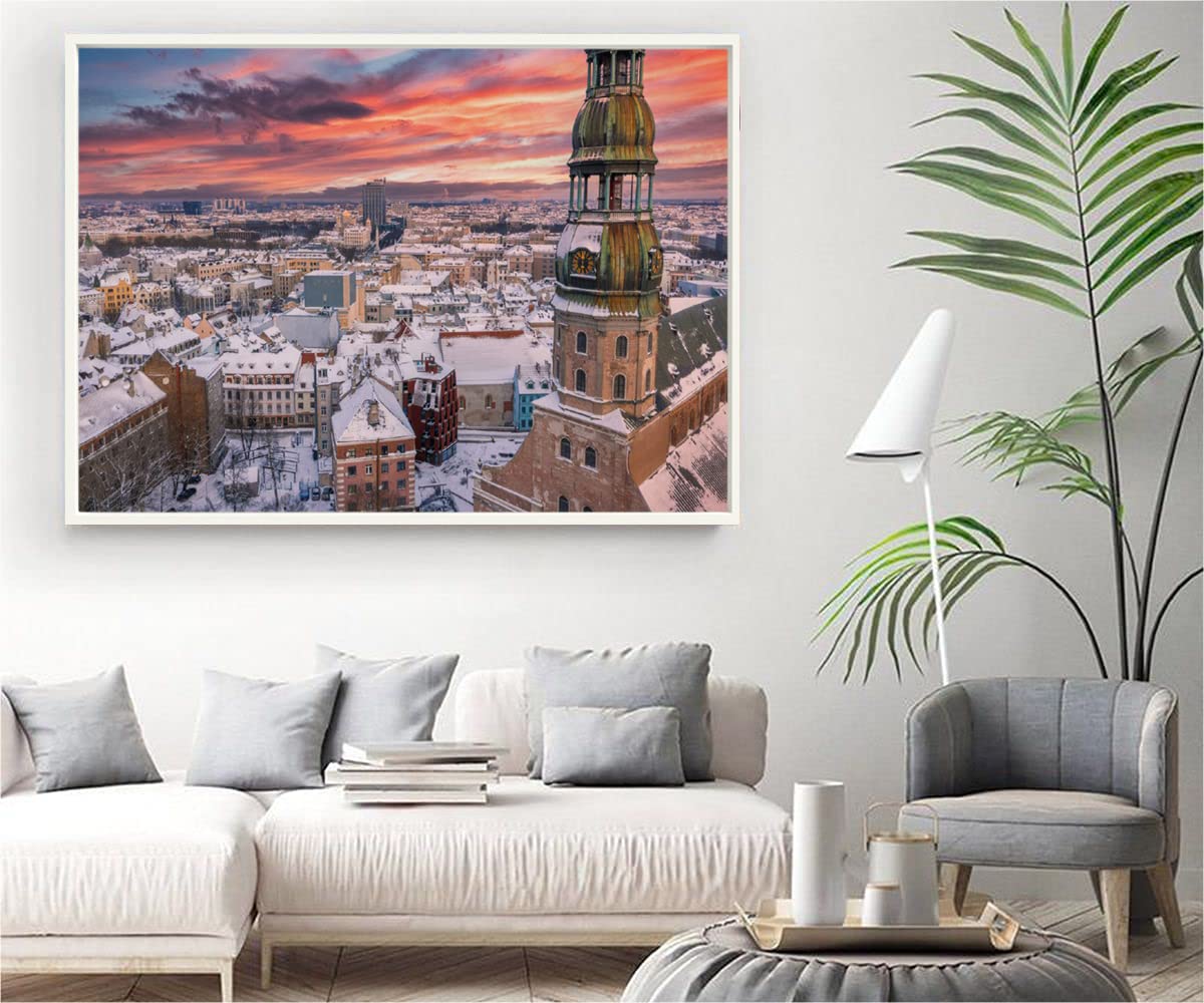 VERRE ART White Floater Framed Canvas - Wall Decor for Living Room, Bedroom, Office, Hotels, Drawing Room (34in X22in) - Snow Covered Riga