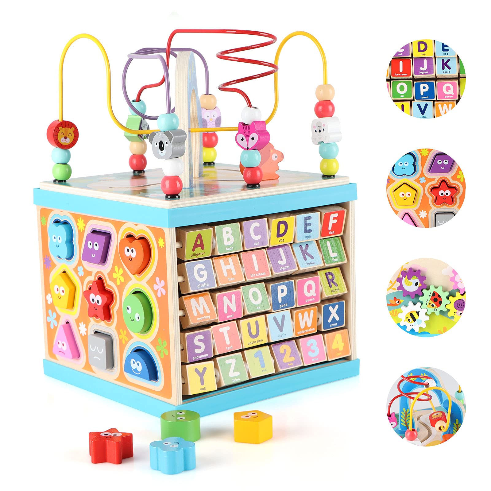 Qilay Wooden Activity Cube for Toddlers 1-3 (Large), 5 in 1 Multipurpose ABC-123 Abacus Bead Maze Shape Sorter | Early Educational Toy for Toddlers - First Birthday Present for Boys Girls