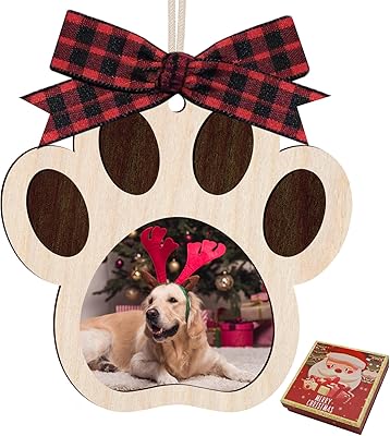 Puppy’s My First Christmas Picture Frame Ornament 2024，Custom Wooden Pet Name Ornament，Hanging Creative Christmas Tree Decorations with Bows and Gift Boxes (Paw)