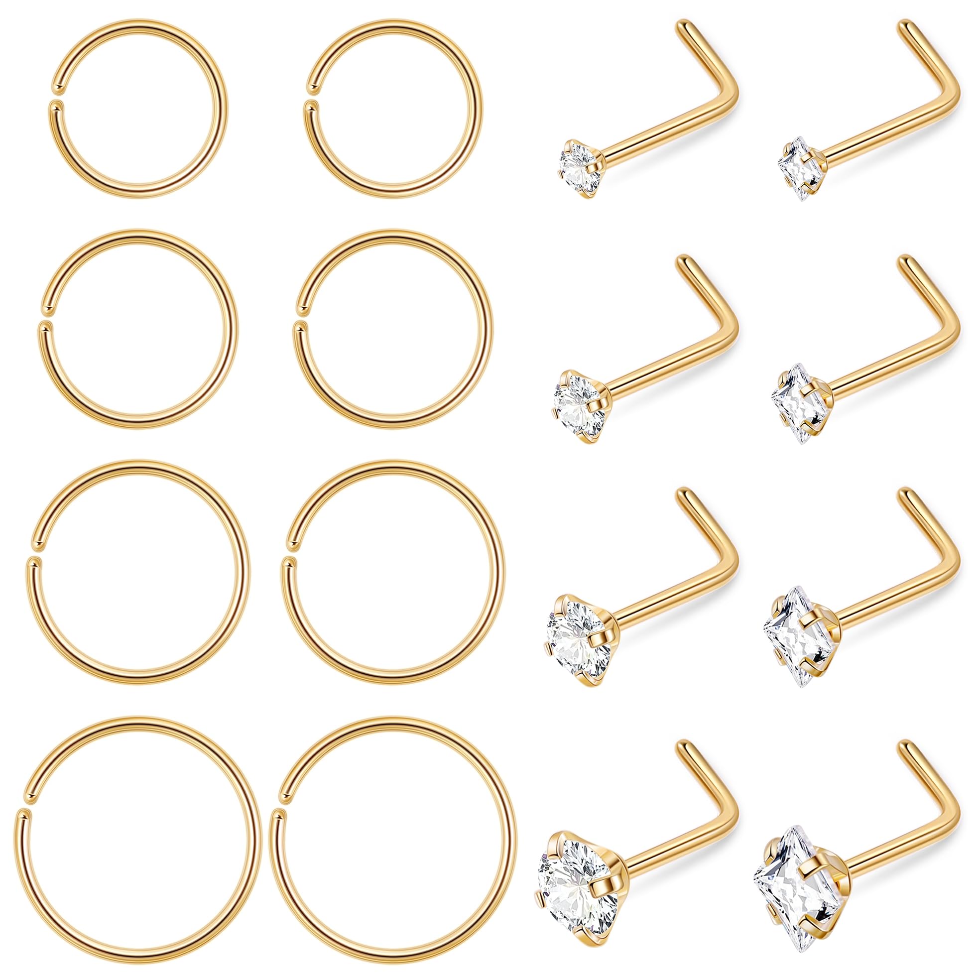 Vegolita 16PCS 20G 22G 316L Stainless Steel Nose Rings for Women Men L Screw Bone Shaped CZ Nose Studs Nose Rings Hoops Nose Piercing Jewelry