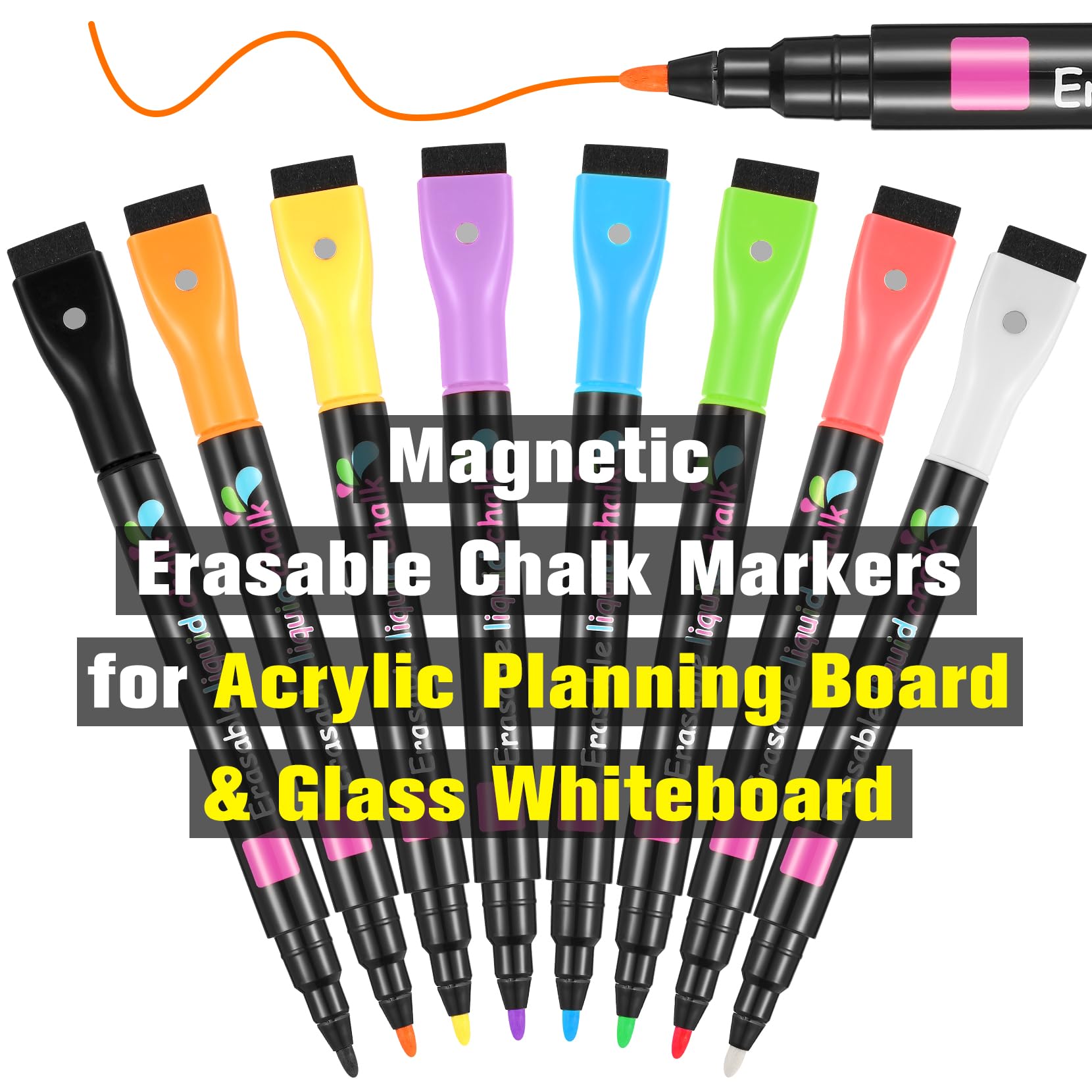 Magnetic Liquid Chalk Markers Wet Erase Markers for Acrylic Calendar Planning Board Clear Glass Writing Board Whiteboard Window/Mirror, 8 Pack, 8 Vibrant Color, 1mm Fine Tip