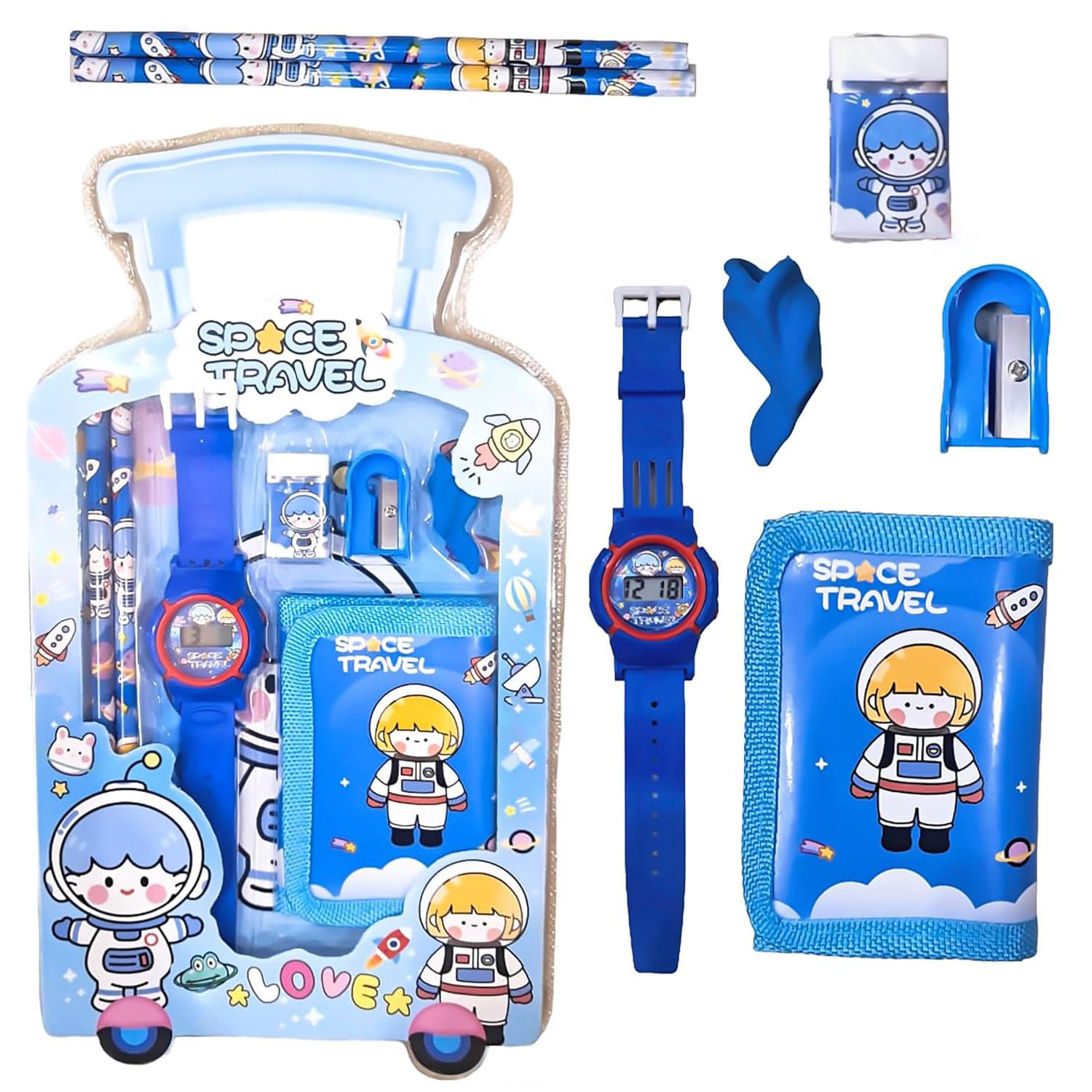 GJSHOP 7 in 1 Stationery Gift Set for Children | Stationery Supplies Bundle with Digital Watch, Sharpener, Eraser, 2 Pencils, Wallet Pouch Return Gift for Kid (Blue)