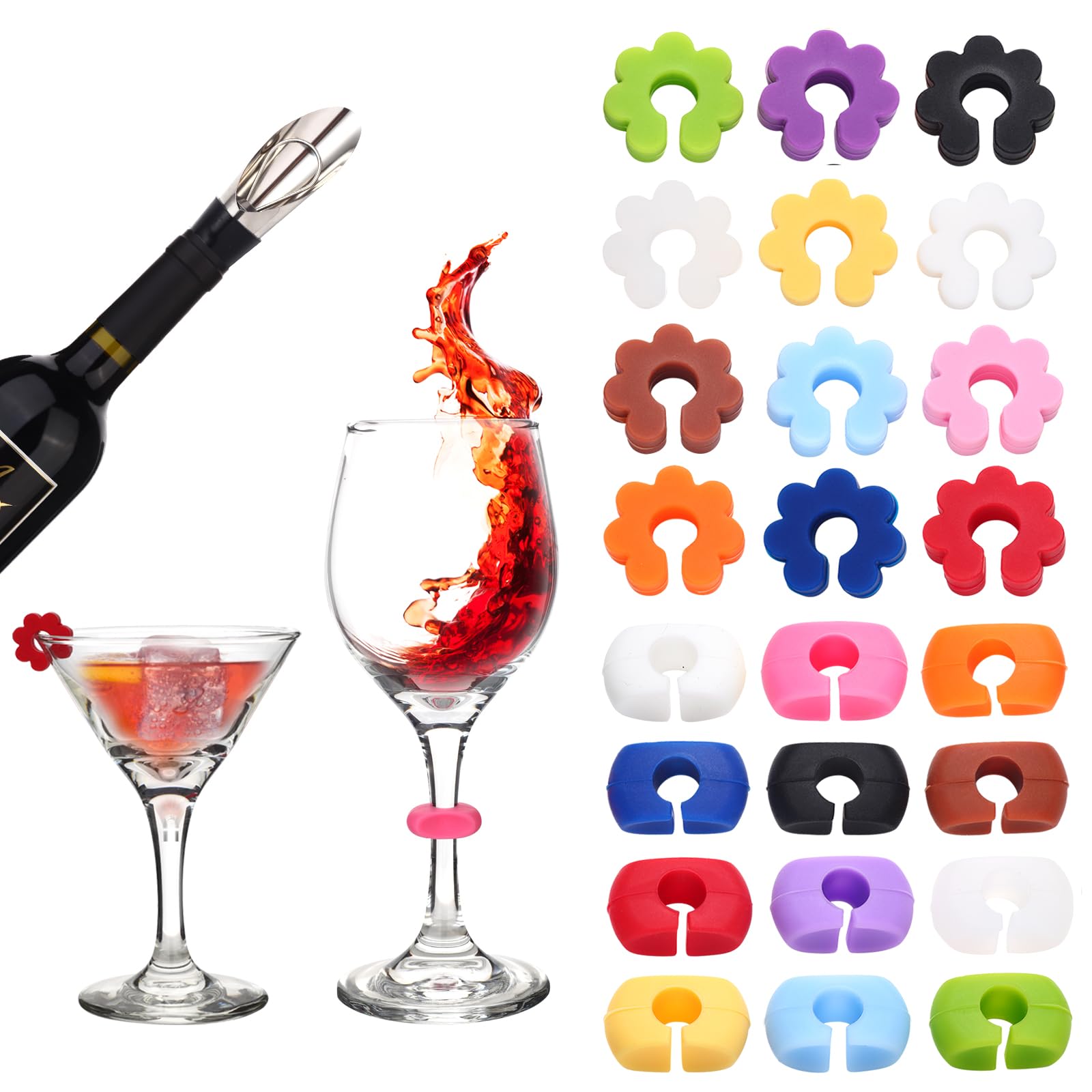 RTPURE Wine Glass Charms,Wine Charms for Glasses Silicone Wine Glass Tags with Stainless Wine Stopper and Pourer for Bar Party,Family Gatherings, Weddings, Banquets,Pool Beach Parties.