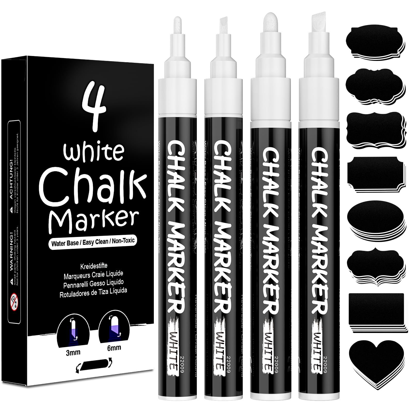 AOSUCO White Chalk Pens, Washable Liquid Chalk Pens for Blackboards, Window, Glass, Chalkboard, Jars, 4 Pack Chalk Markers (3mm & 6mm Reversible Tip) with 45 Labels, Wipeable Blackboard Pens