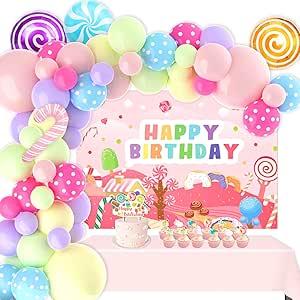 Candy Birthday Party Decorations, 76 PCS Sweet Candyland Balloon Garland Set for Party Include Candyland Banner, Cake Decorations, Lollipop Cupcake Toppers, Balloons, Candyland Decorations for Kids