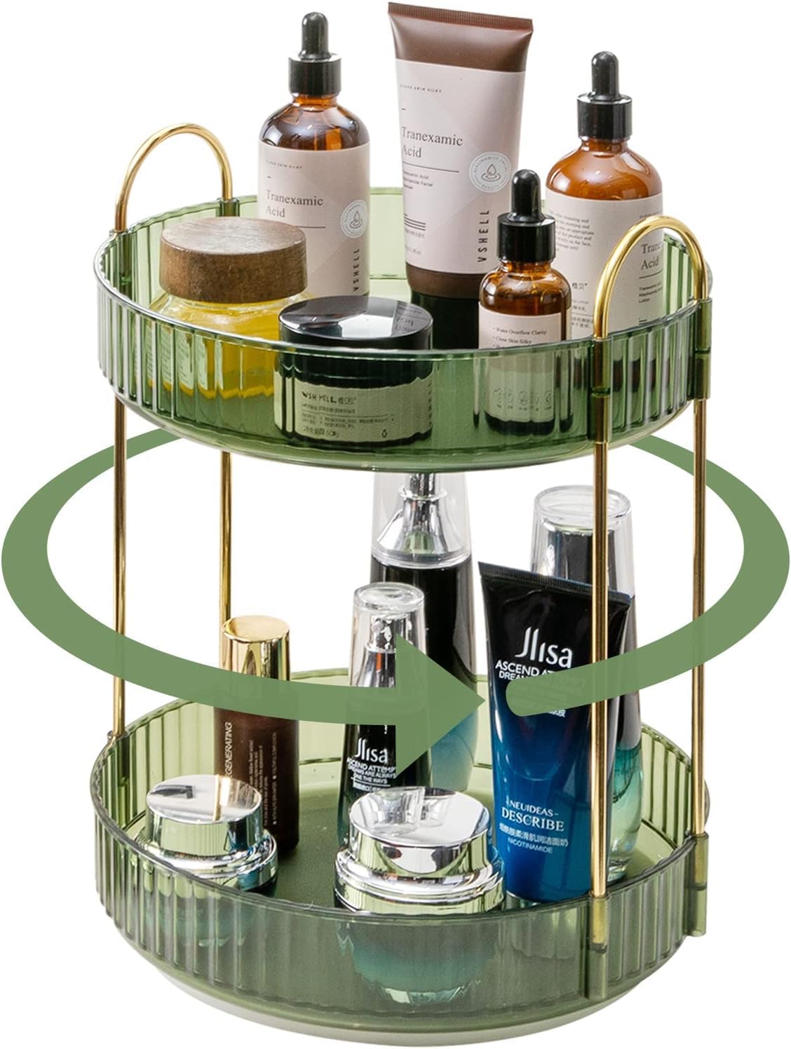 ROWNYEON Makeup Organiser 360 Rotating,Spinning Skincare Cosmetic Organiser 2 Tier Large Spinny Make Up Storage Organiser Shelf for Perfume, Vanity,Dresser, Bedroom, Bathroom,Toiletry(Green)