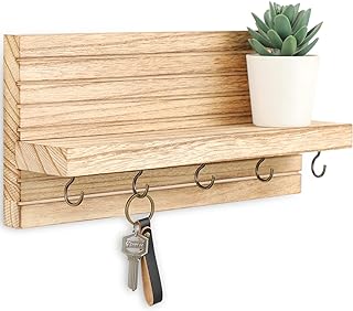 Lwenki Decorative Key Holder for Wall with Shelf, Entryway Shelf with Hooks Holds Leashes, Jackets and Glasses – Sturdy Wo...