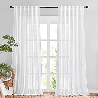 NICETOWN White Linen Sheer Living Room Curtains 120 inch Long, Rod Pocket & Back Tab Semi Sheer Window Treatment Privacy w...