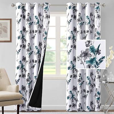 H.VERSAILTEX 100% Blackout Curtains 84 inch Length 2 Panels Set Cattleya Floral Printed Drapes Leah Floral Thermal Curtains for Bedroom with Black Liner Sound Proof Curtains, Grey and Teal