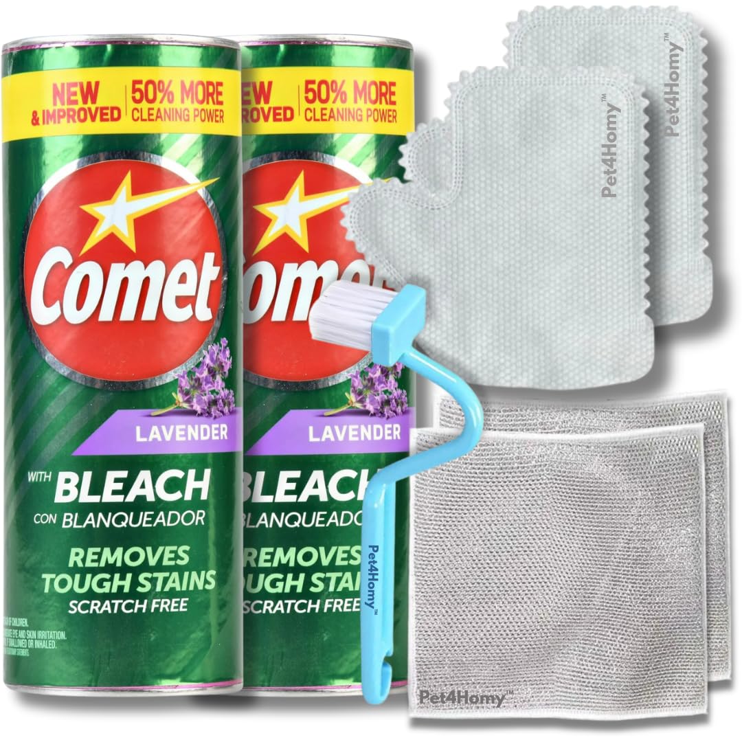 Comet Lavender Scented All Purpose Cleaning Powder with Bleach (2-Pack, 21 oz) Bundle Cleaning Gloves, Cleaning Brush, and Multipurpose Wire Miracle Cleaning Cloths (4 Items)