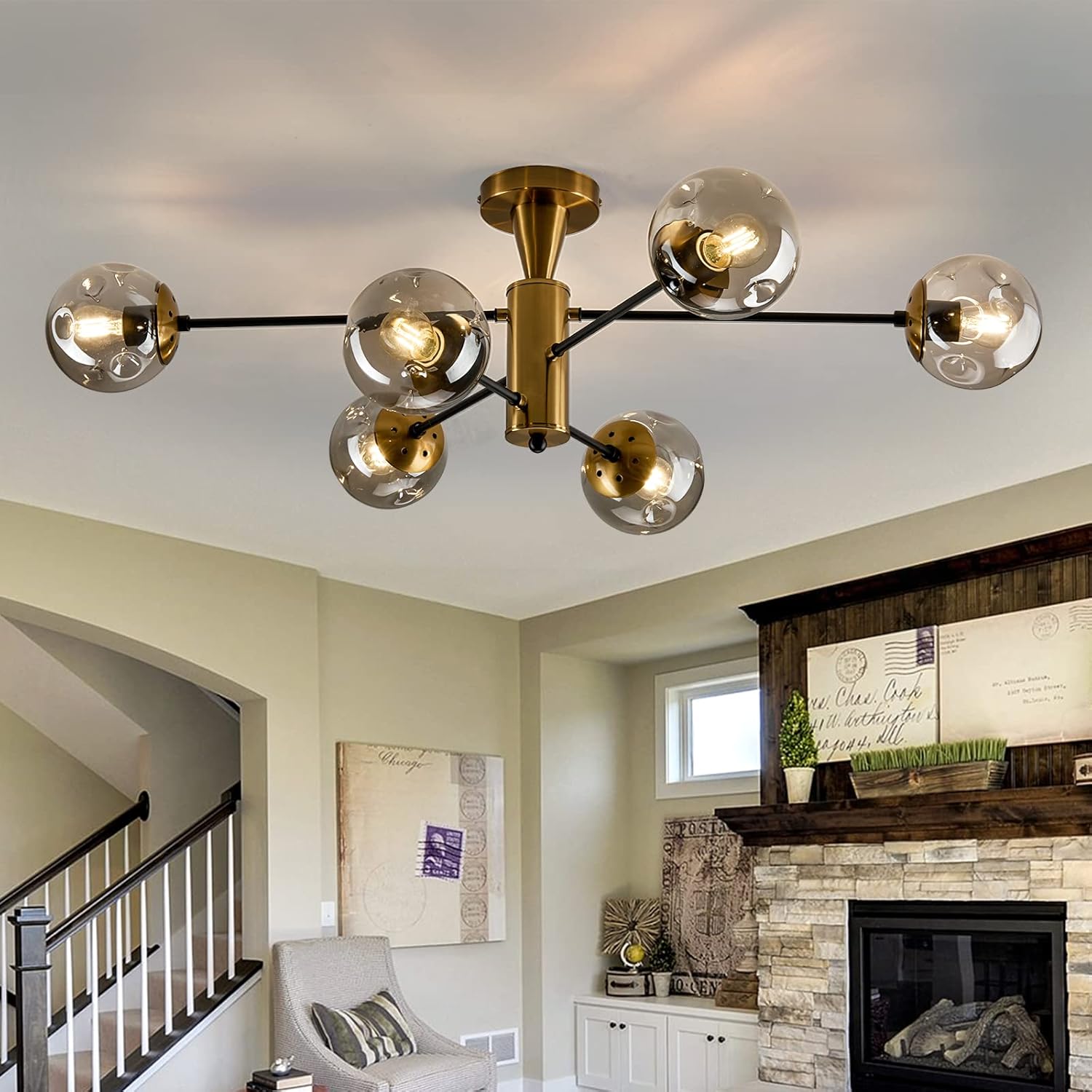 FGSADI Modern Semi Flush Mount Ceiling Light Fixture 6-Light Sputnik Gold Chandelier with Glass Globe Mid Century Ceiling Lighting for Dinning Room Farmhouse Kitchen Bedroom Living Room. 6light