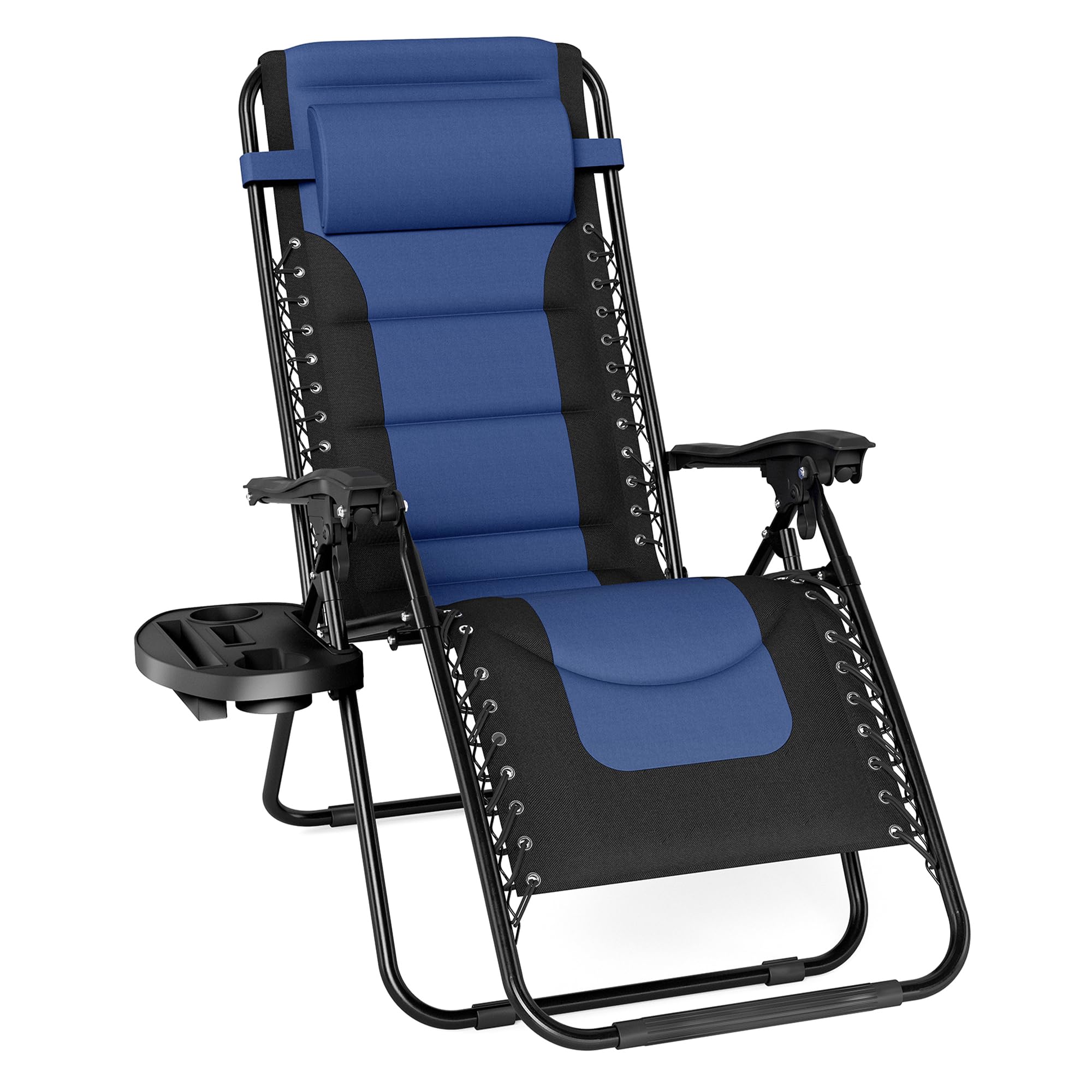 PHI VILLA Oversized Padded Zero Gravity Lounge Chair Folding Patio Recliner with Adjustable Headrest & Cup Holder, Support 350 LBS (Blue)