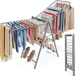 APEXCHASER Clothes Drying Rack Foldable, Metal Laundry Drying Rack Collapsible, Portable Compact Clothes Rack for Sweater Baby Clothes Towel Indoor &amp; Outdoor, Height Adjustable Clothes Airer, Grey