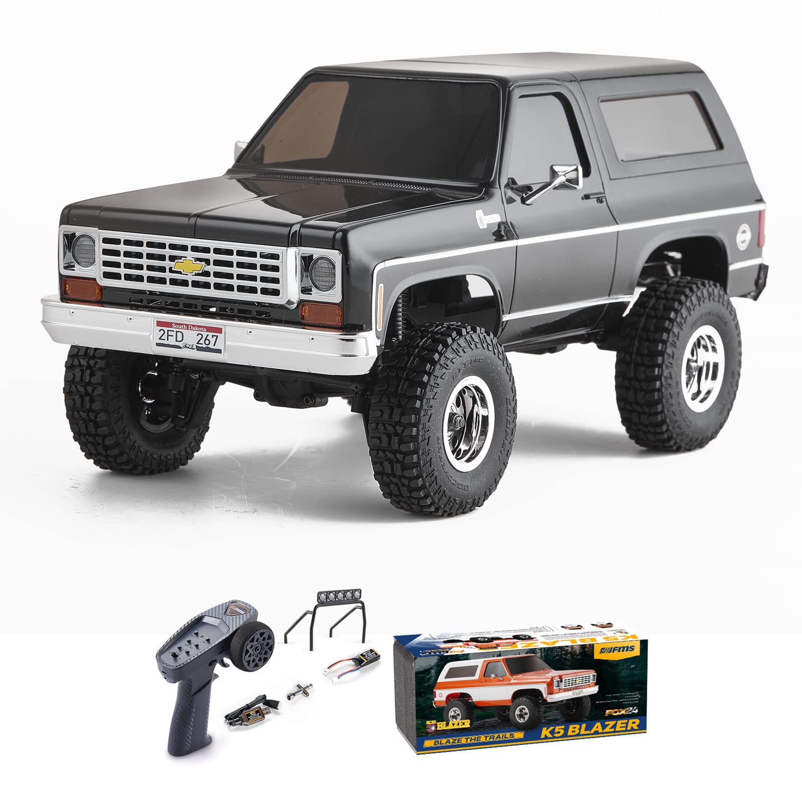 WOWRC FMS 1/24 RC Crawler FCX24 Chevy K5 Blazer Officially Licensed, Mini RC Car Pick Up Truck & SUV 2 in 1, 4WD 8km/h 2 Speeds Switch, 2.4GHz 3CH Off-Road RC Model with LED Lights for Adults, Black