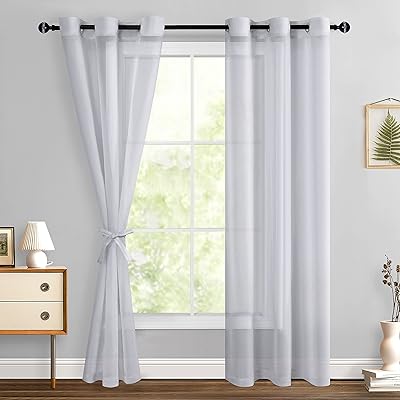 Hiasan Sheer Curtains 84 Inches Long with Tiebacks, Light Filtering Breathable Voile Drape Lightweight Grommet Window Curtains for Bedroom, Patio Door, Living Room, Grey, W42 x L84, Set of 2 Panels