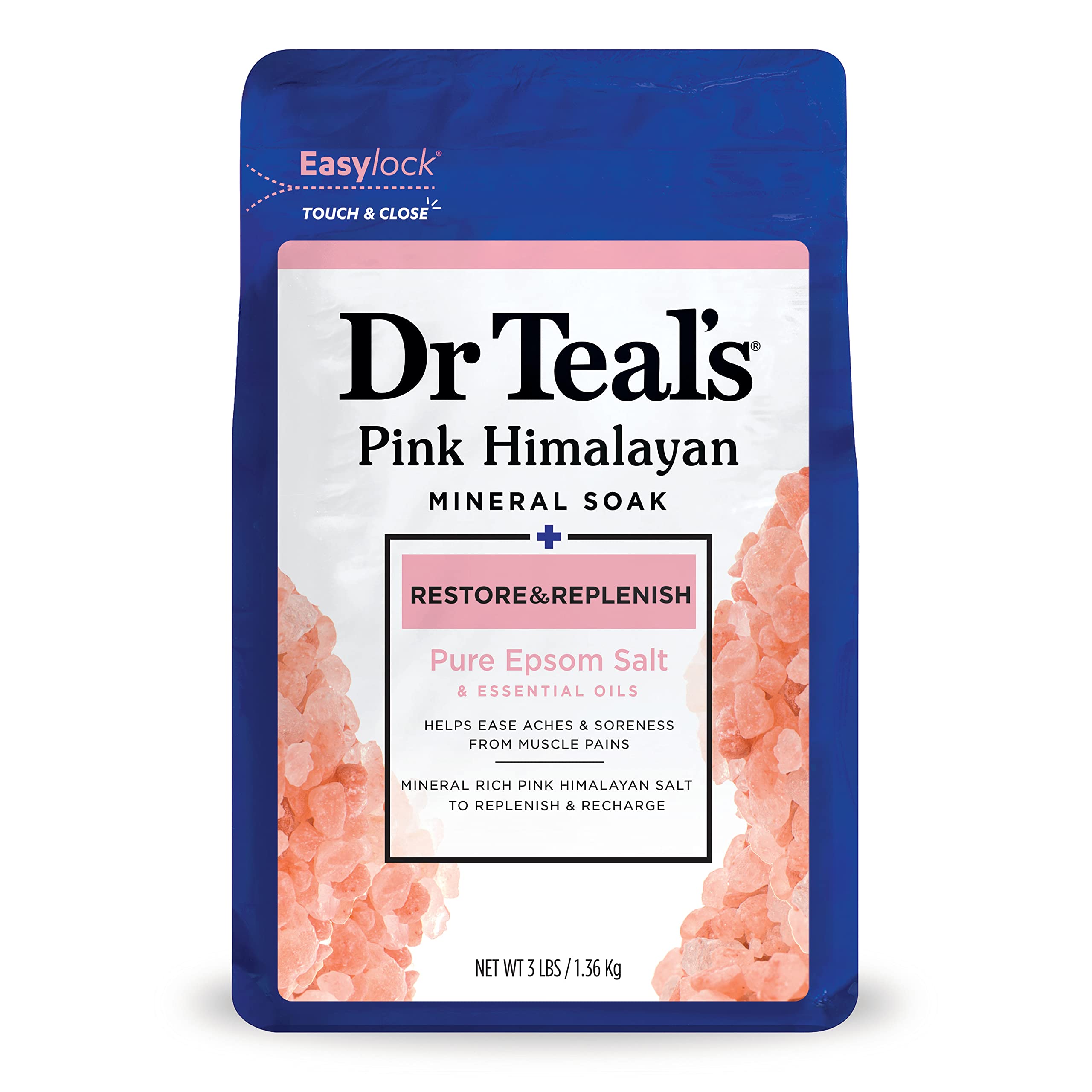 Dr Teal's Pure Epsom Magnesium Salt Soak, Restore & Replenish with Pink Himalayan Mineral, 3 lbs