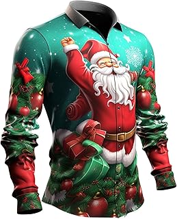 Funny Christmas Shirts for Men 2024 Long Sleeve Fun Printed Hawaiian Santa Shirt Santa Printed Vintage Tops