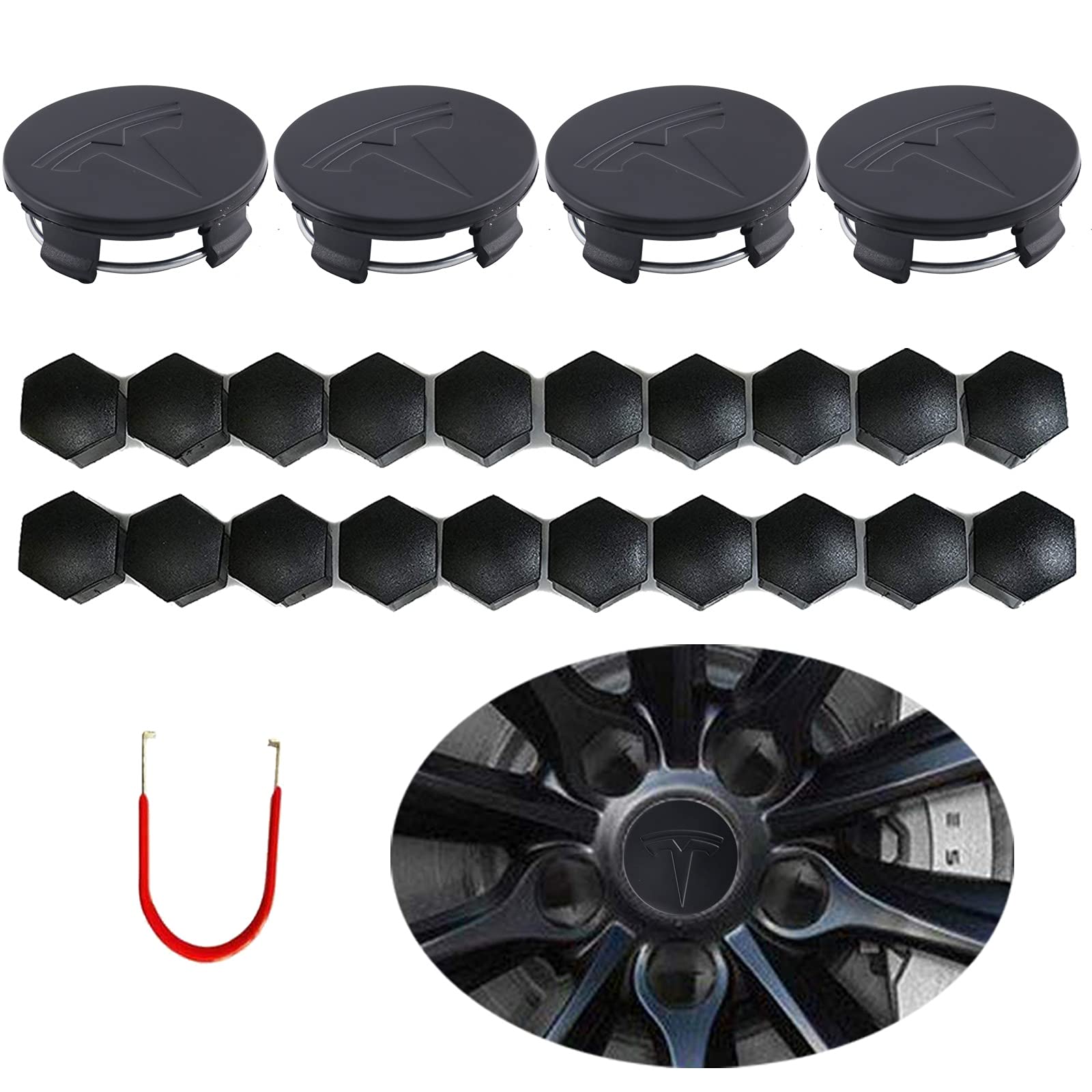 Zhongyu Matte Black Car Wheel Center Hub Cap Kit Compatible for Tesla Model 3 Model S Model X – 4 Hub Center Caps + 20 Lug Nut Covers