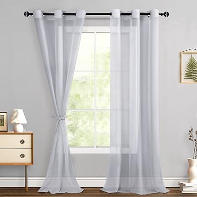 Hiasan Sheer Curtains 96 Inches Long with Tiebacks, Light Filtering Breathable Voile Drape Lightweight Grommet Window Curtains for Bedroom, Patio Door, Living Room, Grey, W42 x L96, Set of 2 Panels