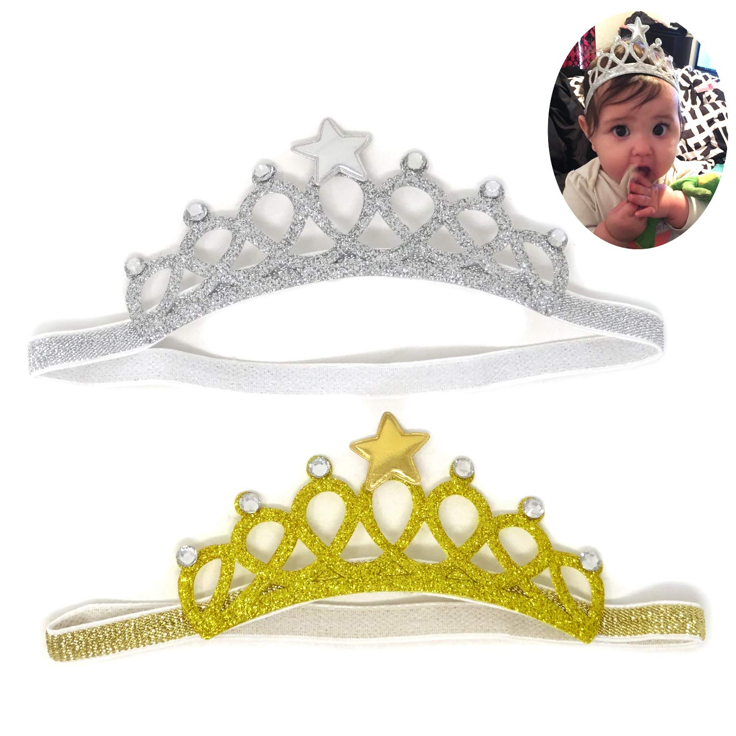 Honbay2PCS Baby Hair Accessories Baby Princess Crown Headband with Crystal and Star for 1 to 3 Years Old Baby, Gold and Silver