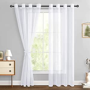 Hiasan White Sheer Curtains 84 Inches Long with Tiebacks, Light Filtering Semi Transparent Lightweight Voile Grommet Window Curtains for Bedroom, Living Room, W52 x L84, Set of 2 Drape Panels