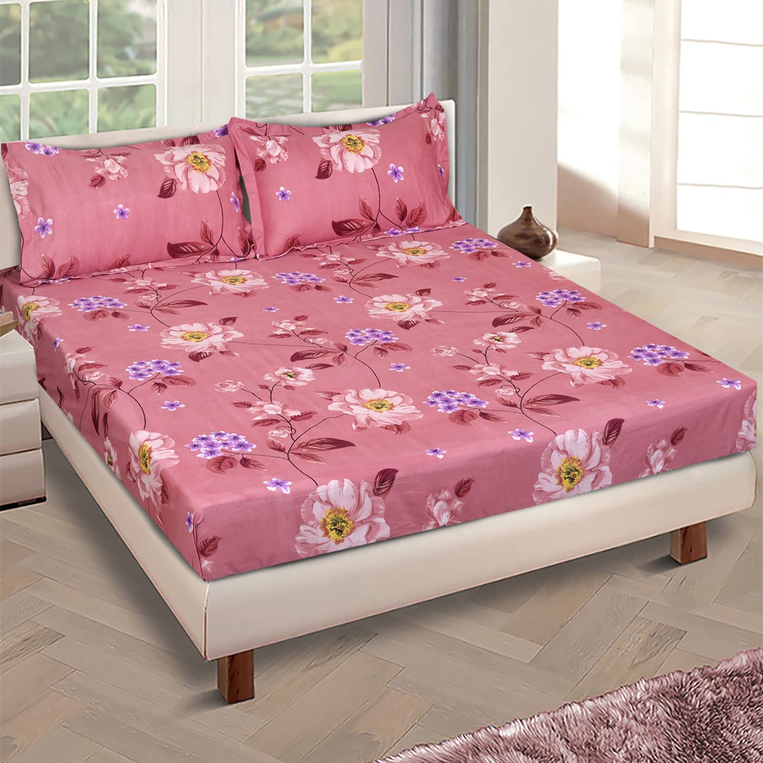 ROMEE Floral Printed Bedsheet for Double Bed, 150 Tc Double Bed Sheet Cotton Poly with 2 Pillow Covers, Modern Luxurious & Soft Double Queen Size Bedsheet - 90 X 100 Inches, Pink