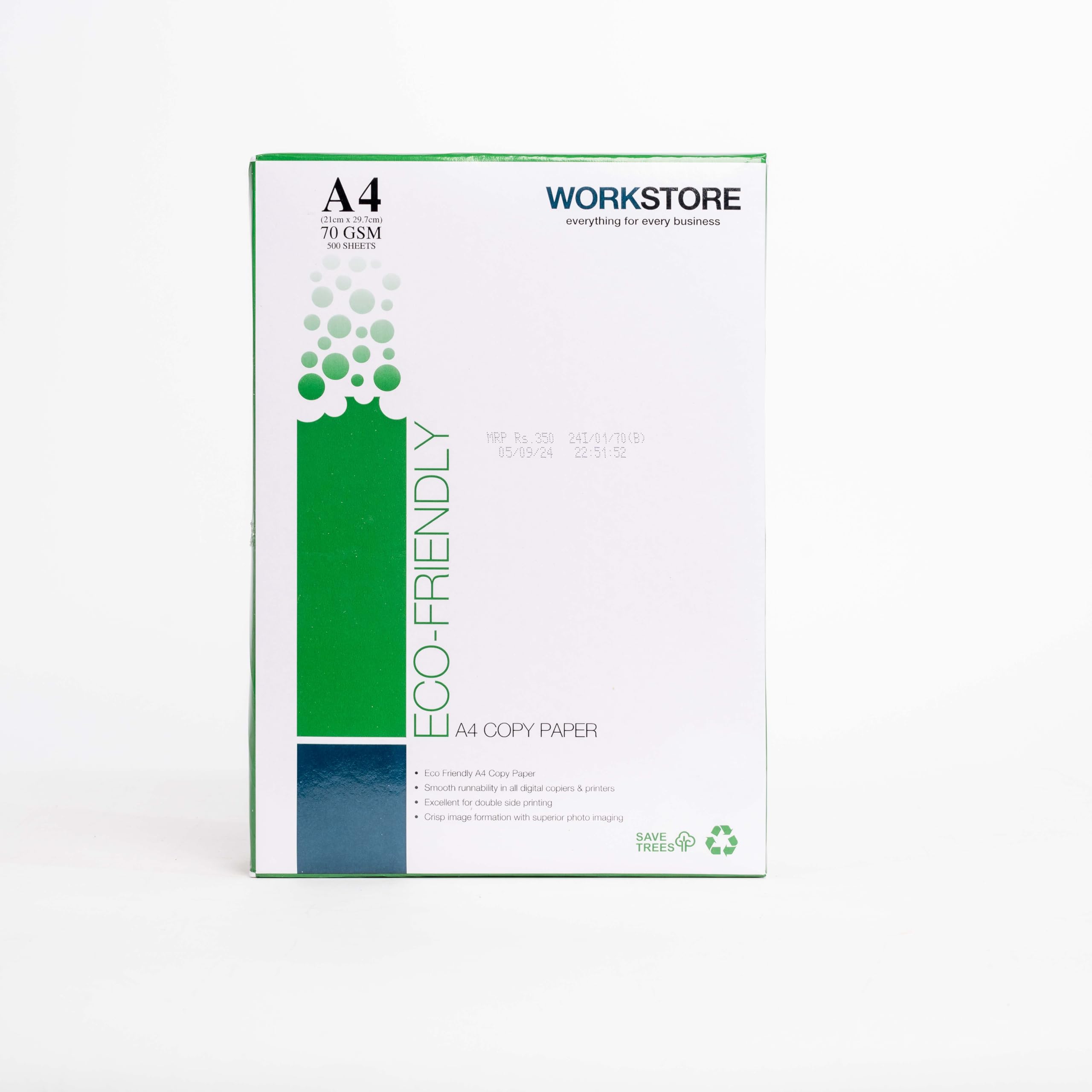 WorkStore Copier Paper | 1 Ream | A4 Size | 70 GSM | 500 Sheets | White Paper | For Laserjet & Inkjet Printer | Fast Drying | Both Side Print | Eco Friendly