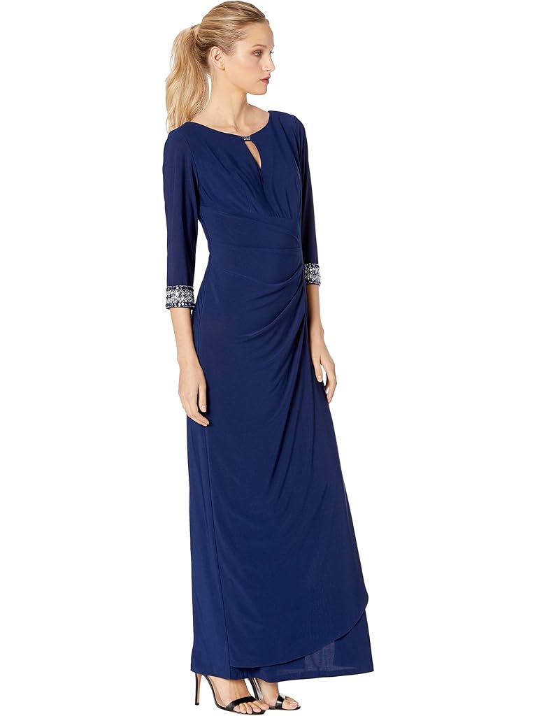 Alex Evenings Long A-Line Dress with Embellished Keyhole Cutout Neckline & Embellished Sleeves