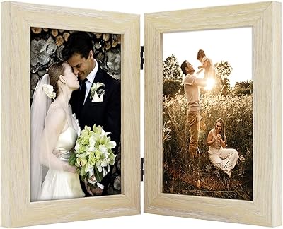 Golden State Art, 5x7 Double Picture Frame Vertical Hinged Photo Frame 2 Opening Folding Family Frames Collage, with Real Glass (5x7, Beige, 1-Pack)